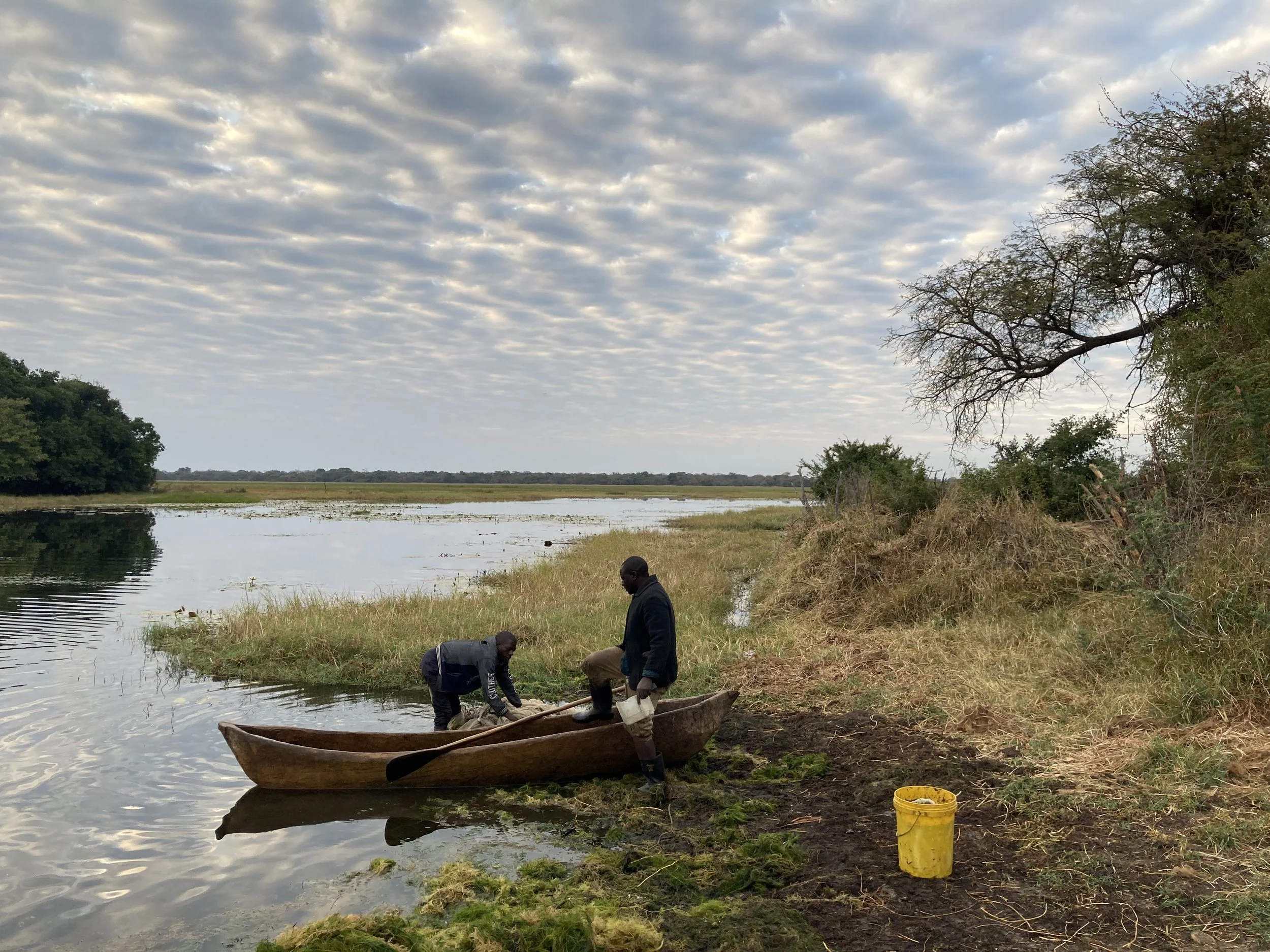Fishers in a canoe on the Kafue River floodplains at sunset