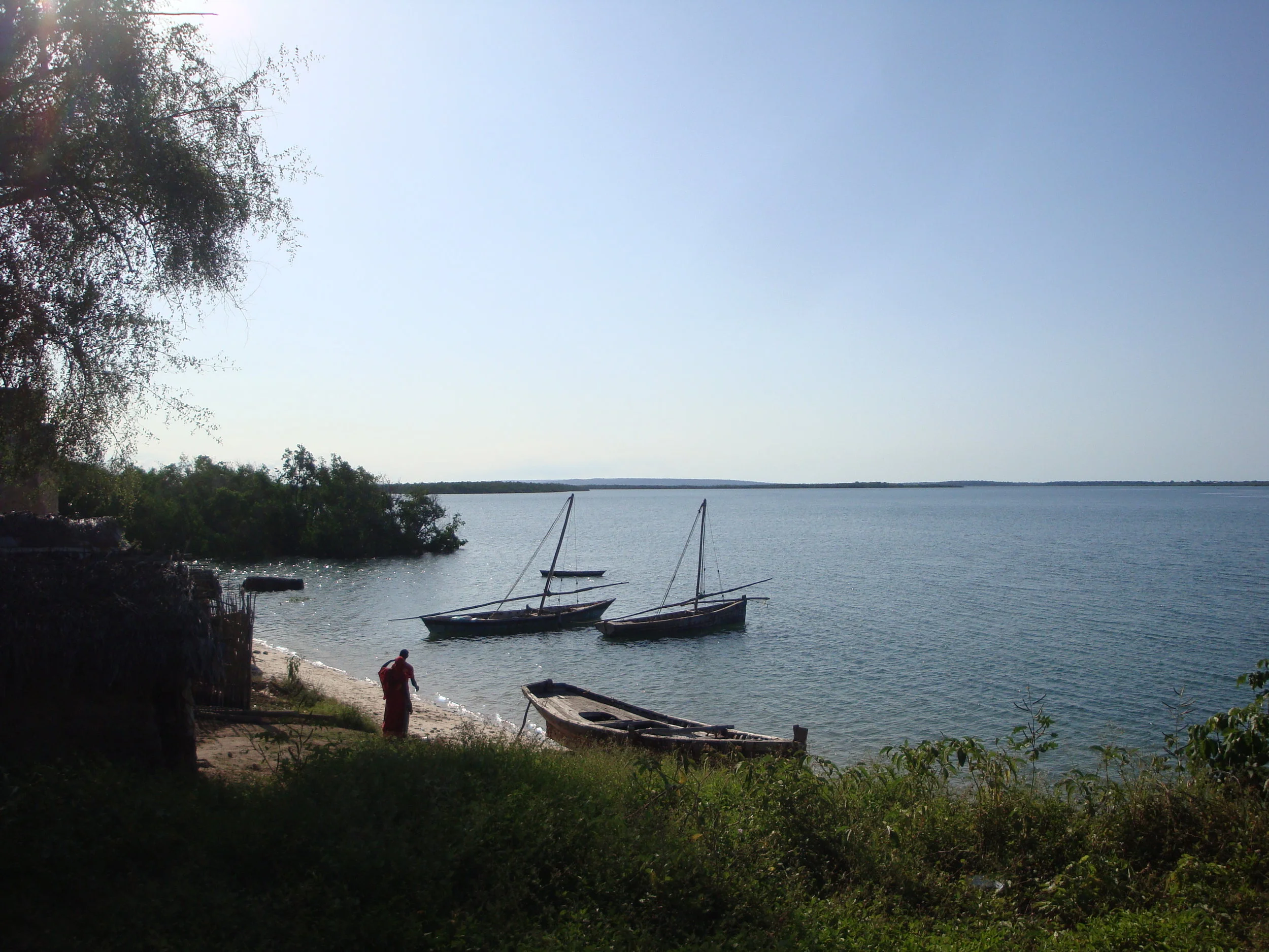 Dhow boats anchored near shore with a person walking on the beach, coastal Tanzania